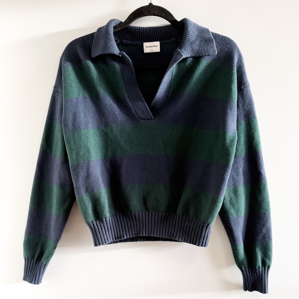 Aritzia Navy and Green Striped V-Neck Sweater